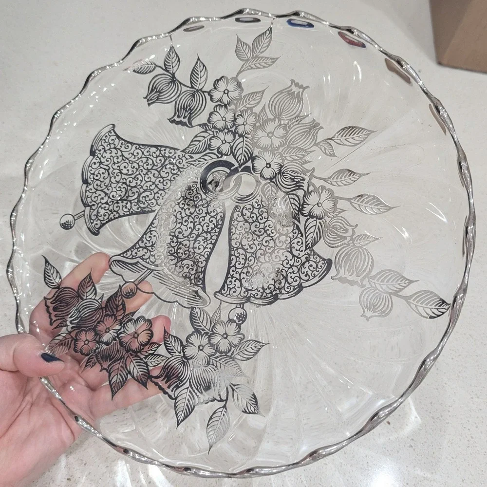 Vintage Glass Cake Stand Silver Overlay Wedding Bells Floral Ruffled 11.5in
